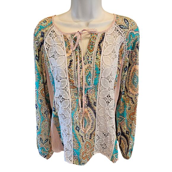 Anthropologie peasant neutral lace mixed media chiffon layering boho blouse S - Picture 1 of 7